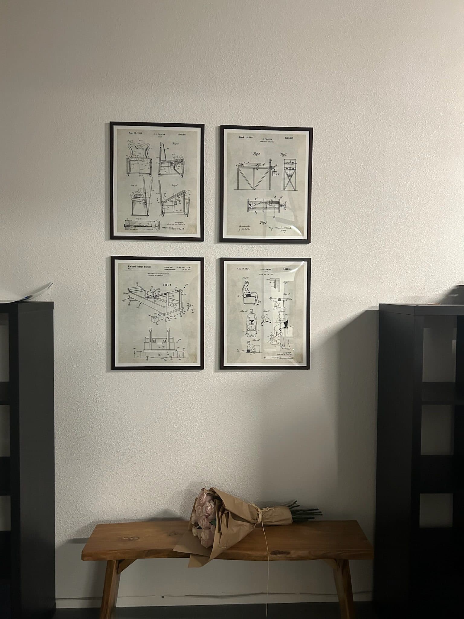 Entry bench and Pilates patent drawings at Bodies and Pilates in North Hollywood